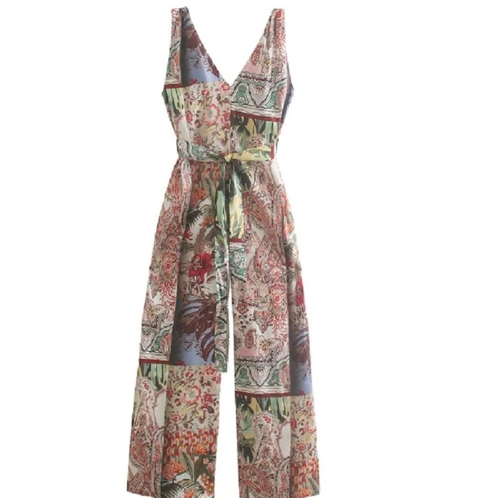 Silk Patterned Jumpsuit Patchwork with Tie Belt